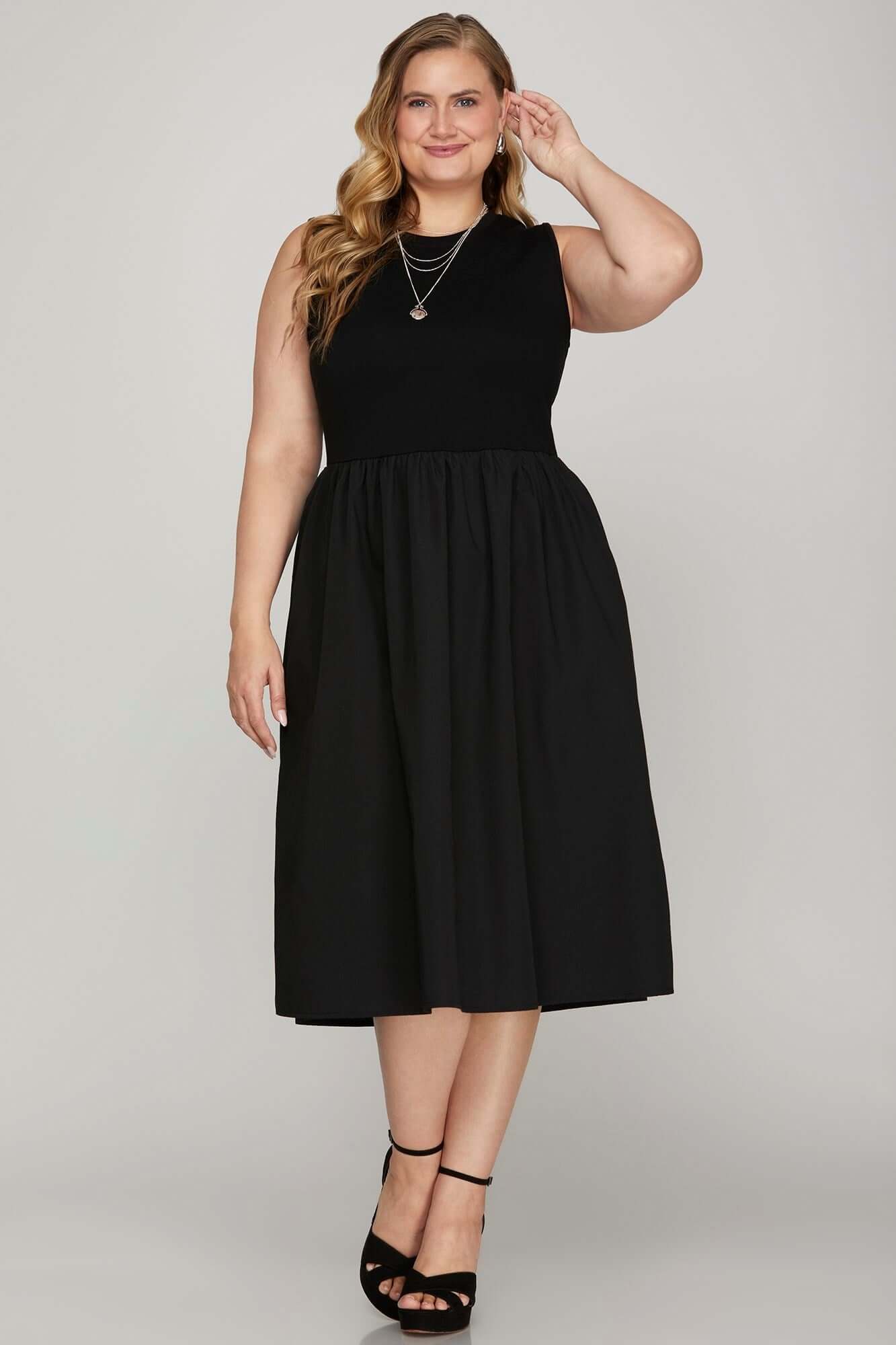 Little black dress - Sleeveless Poplin Woven Midi Dress with Pockets - In Style Chics Boutique Women Juniors Plus Size Apparel 