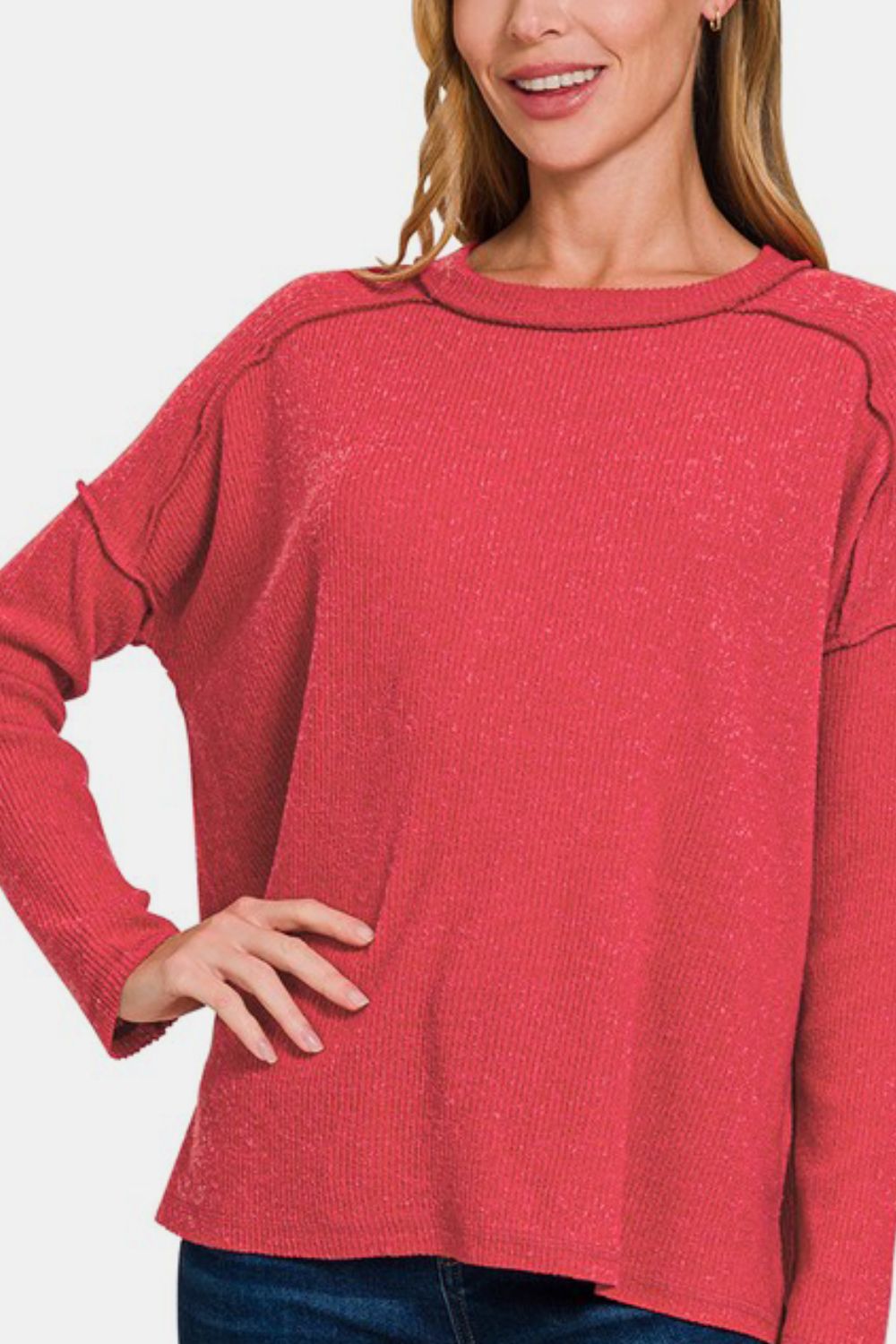 Zenana Full Size Exposed Seam Brushed Round Neck Sweater - In Style Chics Boutique LLC