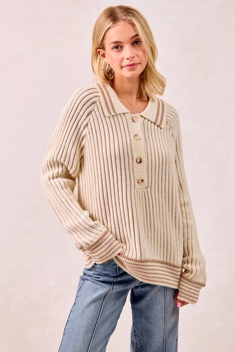 Half Button Ribbed Two Tone Sweater at In Style Chics Boutique 