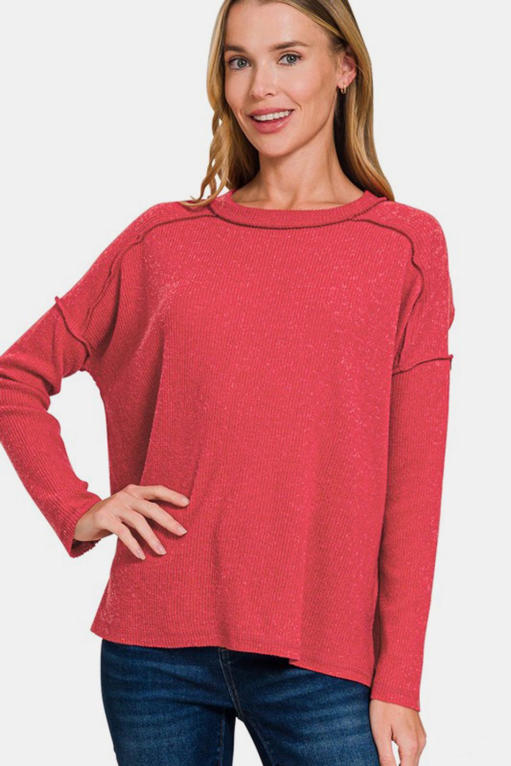 Zenana Full Size Exposed Seam Brushed Round Neck Sweater - In Style Chics Boutique LLC