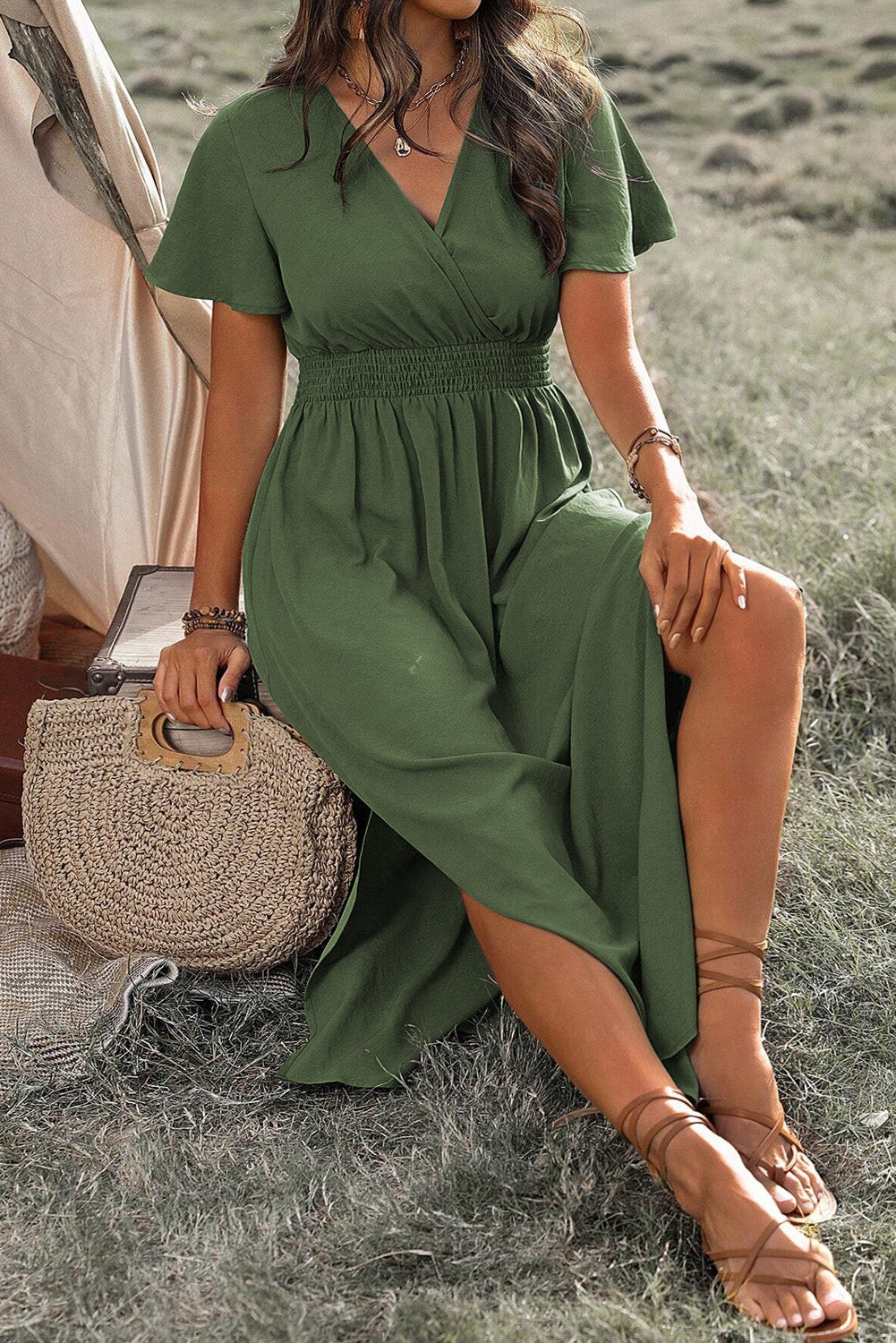 Green Surplice Neckline Smocked High Waist Plus Size Maxi Dress 1X 2X 3X 4X - In Style Chics Boutique 