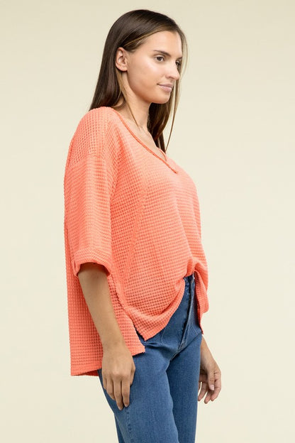 Brushed Waffle Exposed-Seam 3/4 Sleeve Top - In Style Chics Boutique LLC