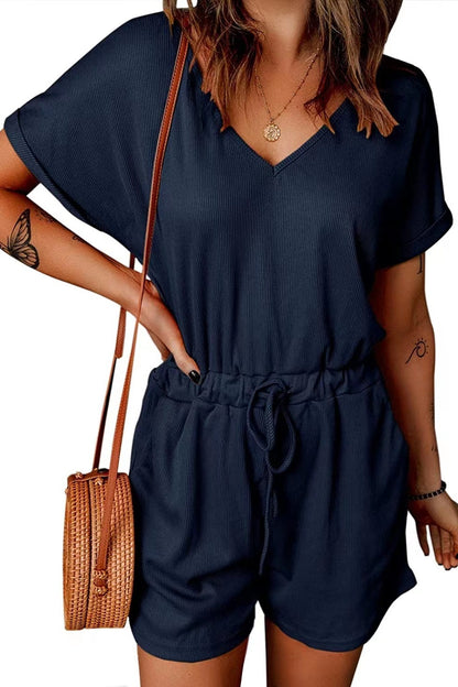 Full Size Drawstring V-Neck Short Sleeve Romper - More Colors! - In Style Chics Boutique LLC