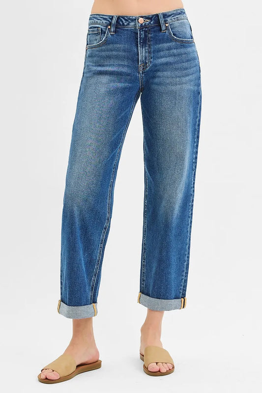 RISEN Mid Rise Boyfriend Roll Up Jeans - In Style Chics Boutique 