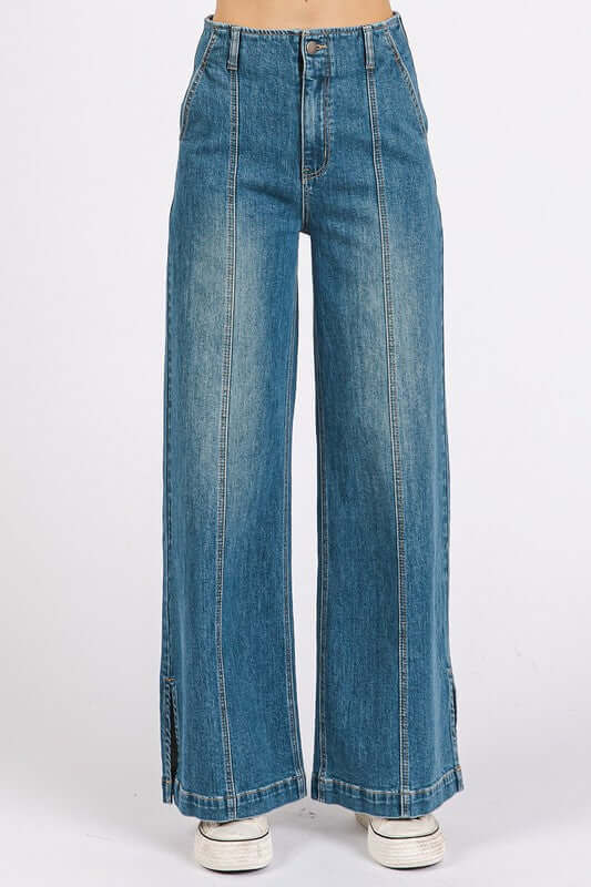 Women's Juniors Medium Wash Seam Detail Wide Leg Denim Jeans - Cute Clothes Online - In Style Chics Boutique 