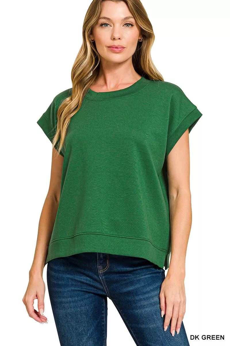 Zenana Scuba Short Sleeve Sweatshirt in Dark Green 