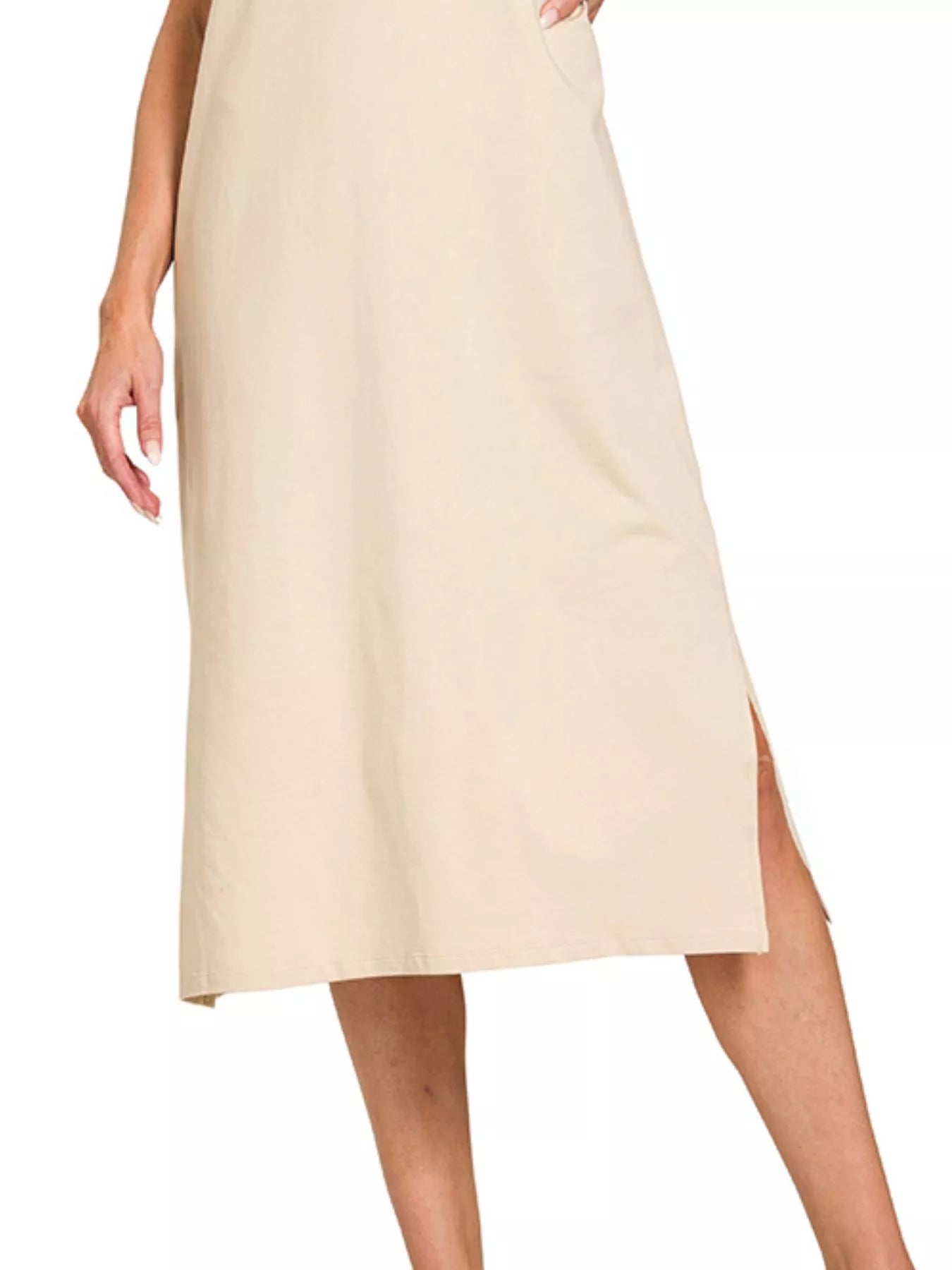 Midi Dress in Sand Beige with Round Neck and Side Slit at In Style Chics Boutique 