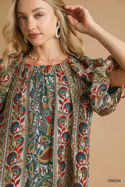 Boho Blouse, Floral Stripe Puff Sleeve at In Style Chics Boutique 