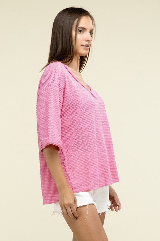 Brushed Waffle Exposed-Seam 3/4 Sleeve Top - In Style Chics Boutique LLC
