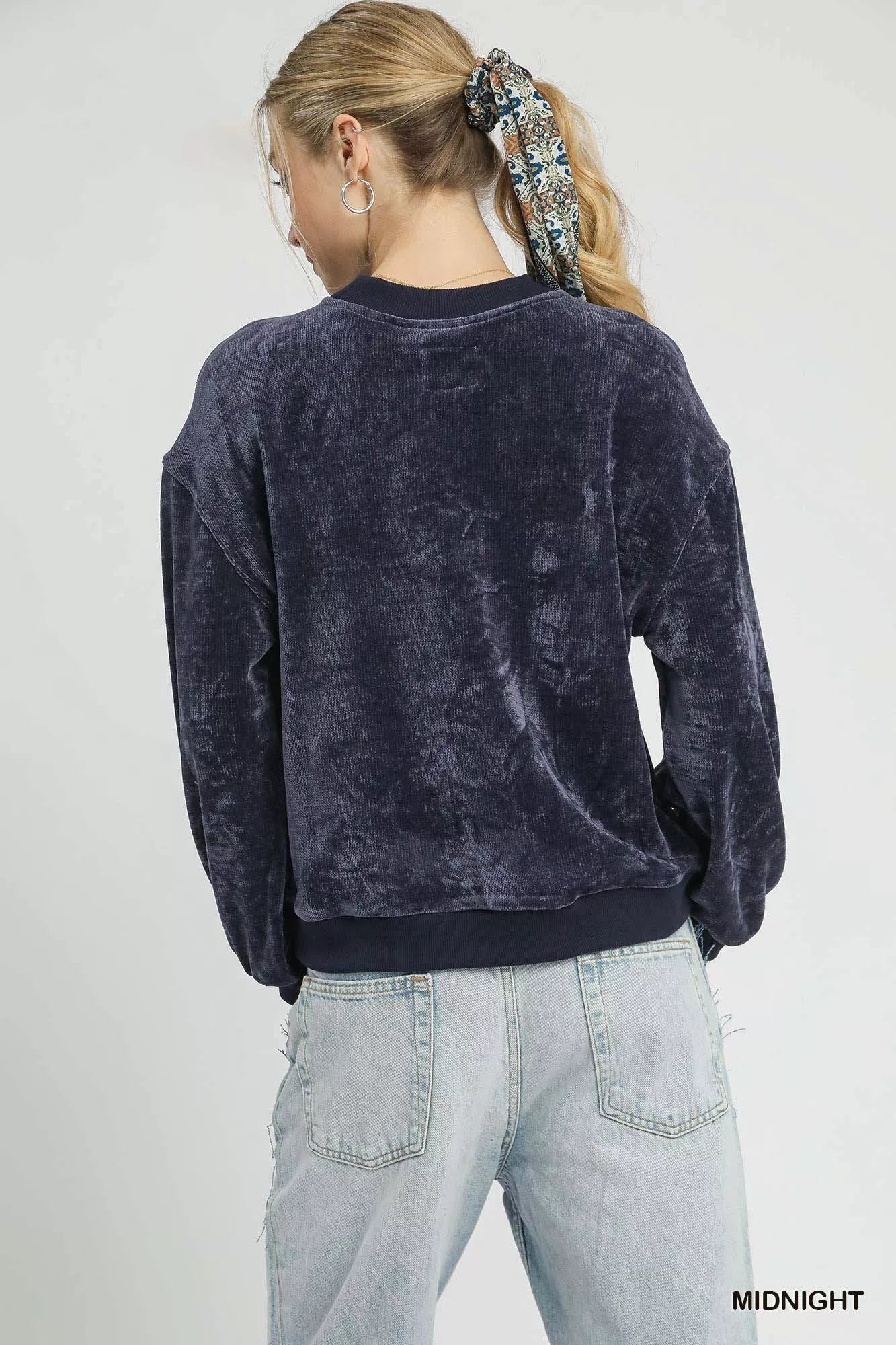 Velour Crewneck Sweatshirt with Balloon Sleeves at In Style Chics Boutique 