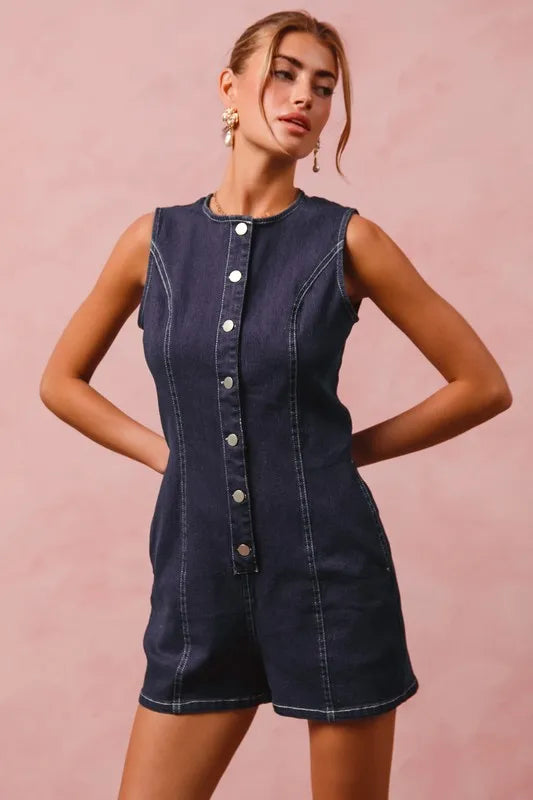 Washed Denim Sleeveless Romper Button Up Front - In Style Chics Boutique