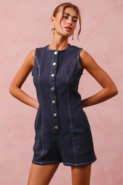 Washed Denim Sleeveless Romper Button Up Front - In Style Chics Boutique