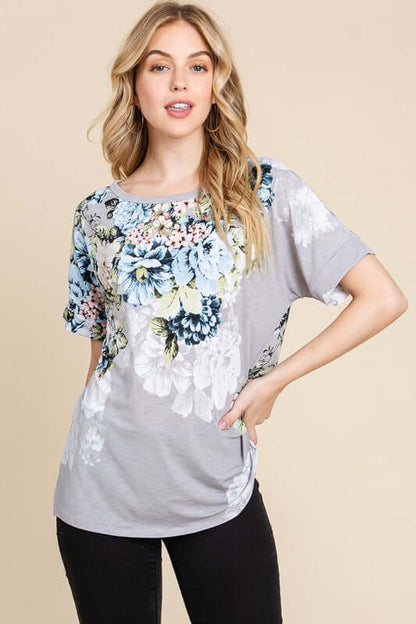 Floral Round Neck Short Sleeve T-Shirt - Cute Clothing Online - LuLaRoe Alternative -Avoid Tariffs - Made in the US Women's Juniors Apparel - In Style Chics Boutique 