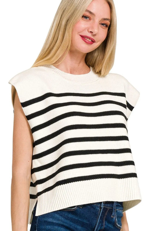 Oversized Sweater Vest, Crew Neck Striped - In Style Chics Boutique Women's Juniors Clothes Online 