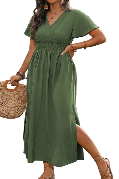 Green Surplice Neckline Smocked High Waist Plus Size Maxi Dress 1X 2X 3X 4X - In Style Chics Boutique 