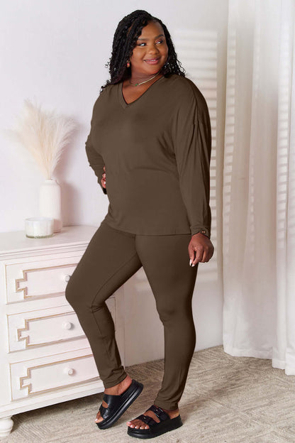 Basic Bae Bamboo Full Size V-Neck Long Sleeve Top and Pants Lounge Set - In Style Chics Boutique LLC