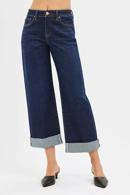 RISEN Mid Rise Fit Ankle Wide Roll Up Jeans at In Style Chics Boutique 