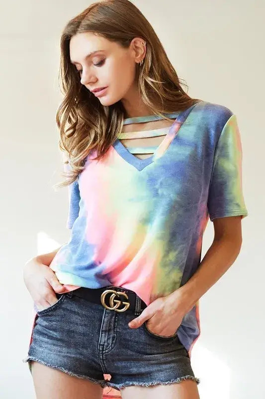 Tie-Dye V-Neck Short Sleeve T-Shirt - In Style Chics Boutique Women's Juniors Apparel Online 