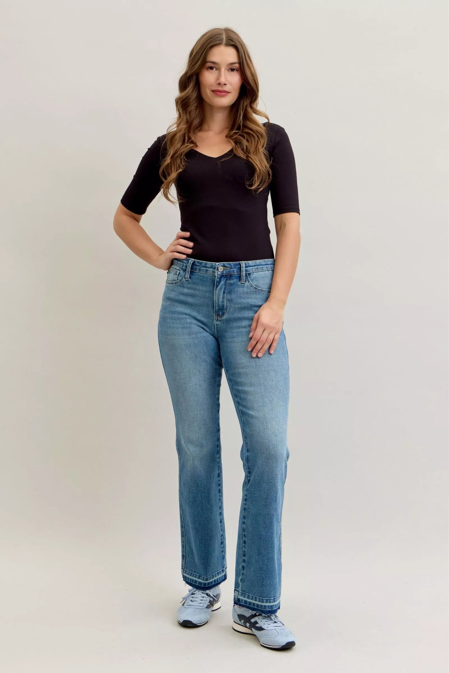 Judy Blue Mid Rise Slim Bootcut Tummy Control Release Hem Jeans 💙 at In Style Chics Boutique 