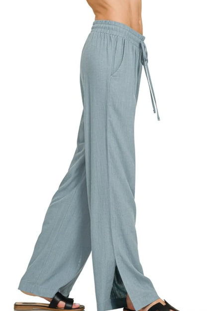 Linen Drawstring Wide Leg Pants with side slit - In Style Chics Boutique 