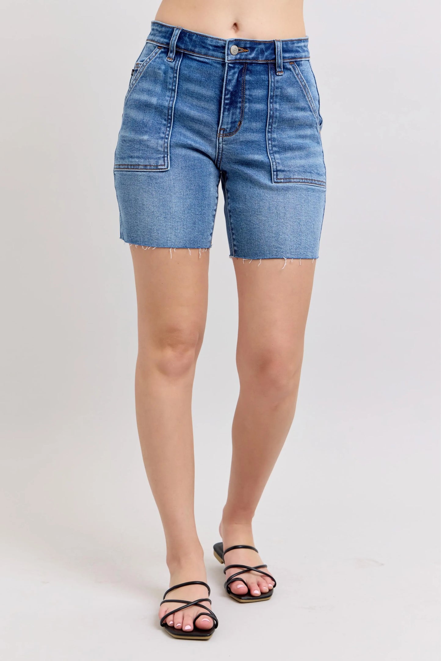 Judy Blue Mid Rise Bermuda Denim Jean Shorts W/ Back Flap Pockets - In Style Chics Boutique 
