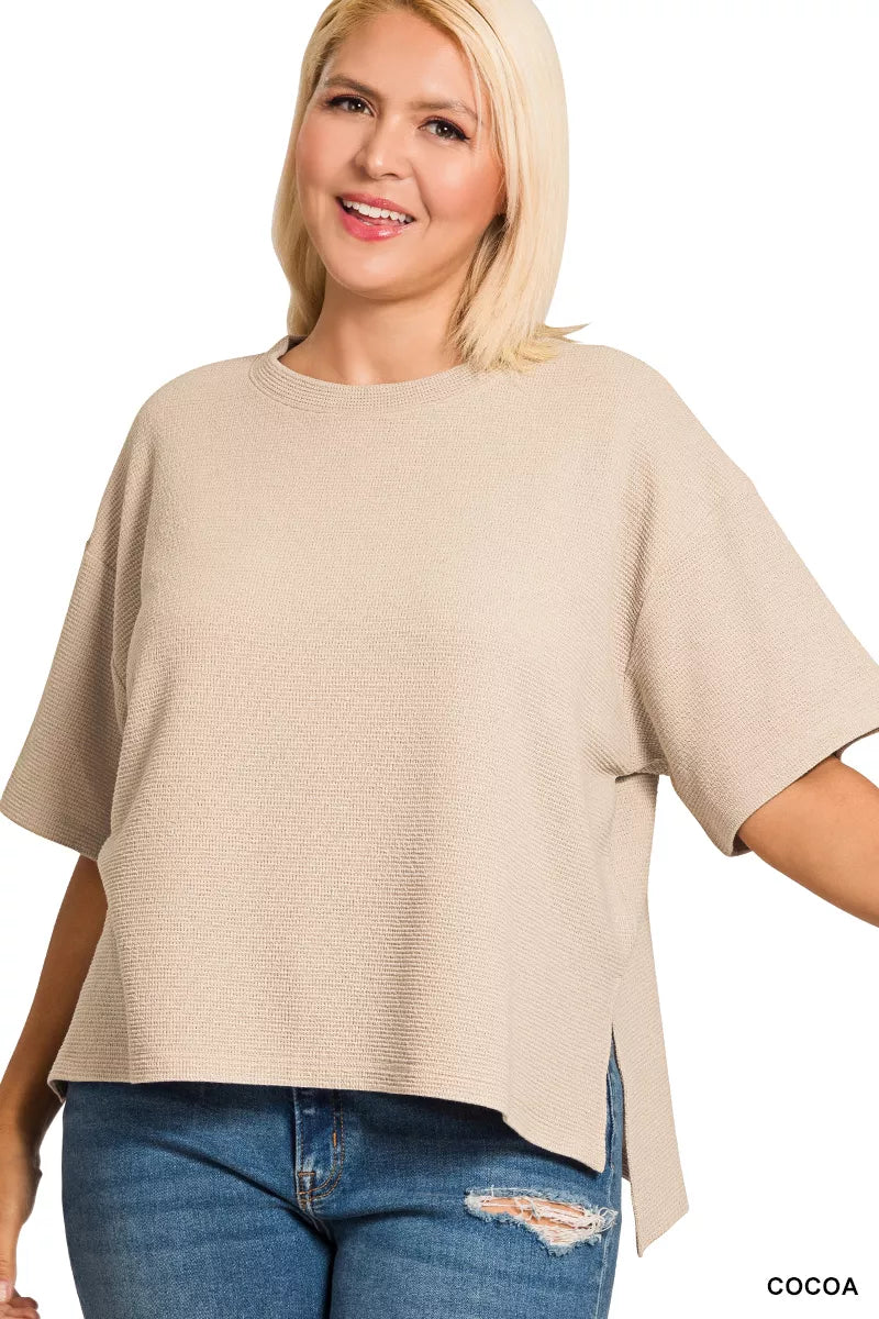 Double Knit Side Slits Hi Low Short Sleeve White Top at In Style Chics Boutique 