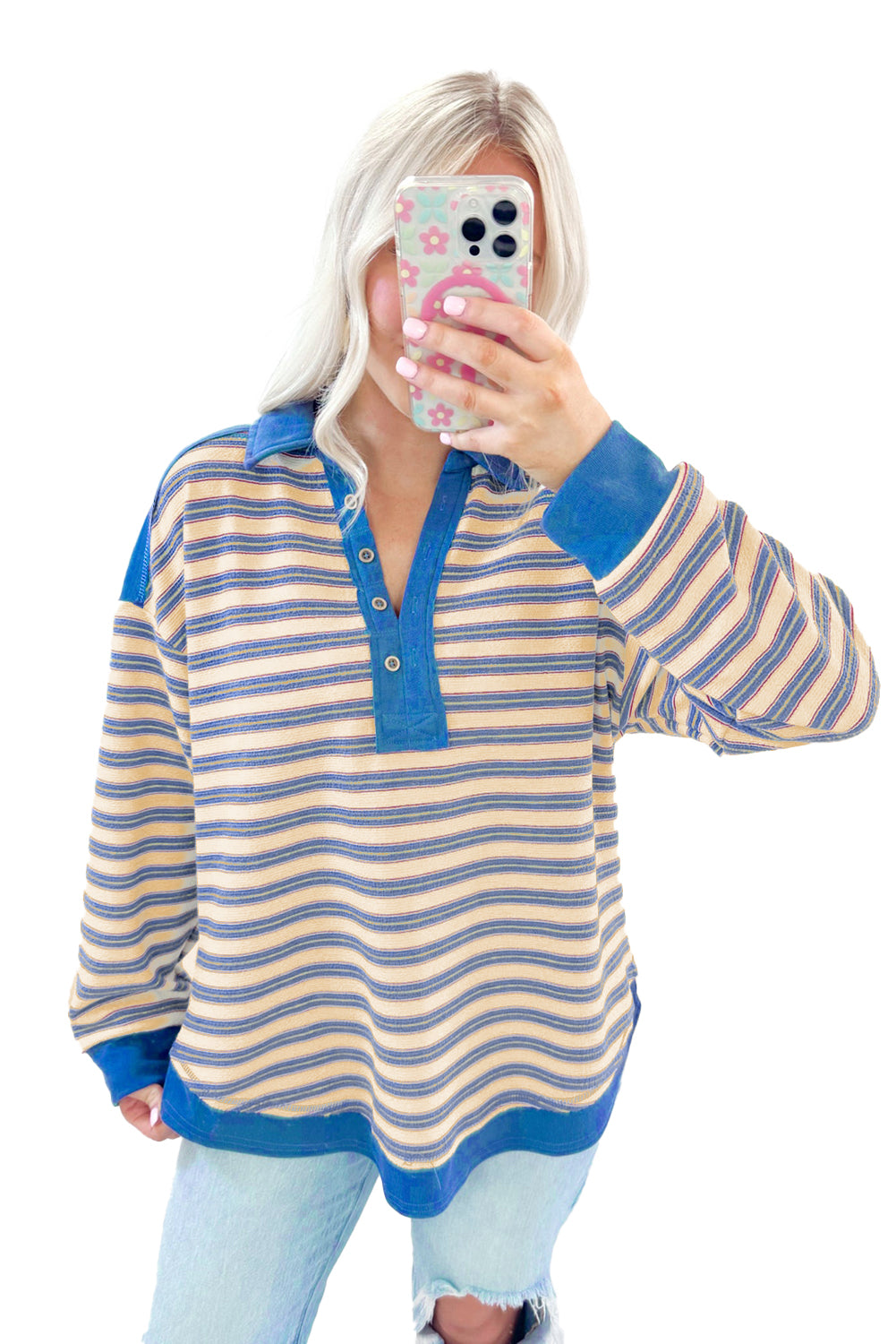 Stripe Collared V Neck Drop Shoulder Top - In Style Chics Boutique LLC