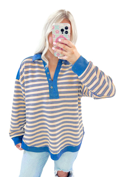 Stripe Collared V Neck Drop Shoulder Top - In Style Chics Boutique LLC