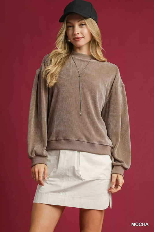 Velour Sweatshirt, Crewneck Balloon Sleeve  at In Style Chics Boutique 