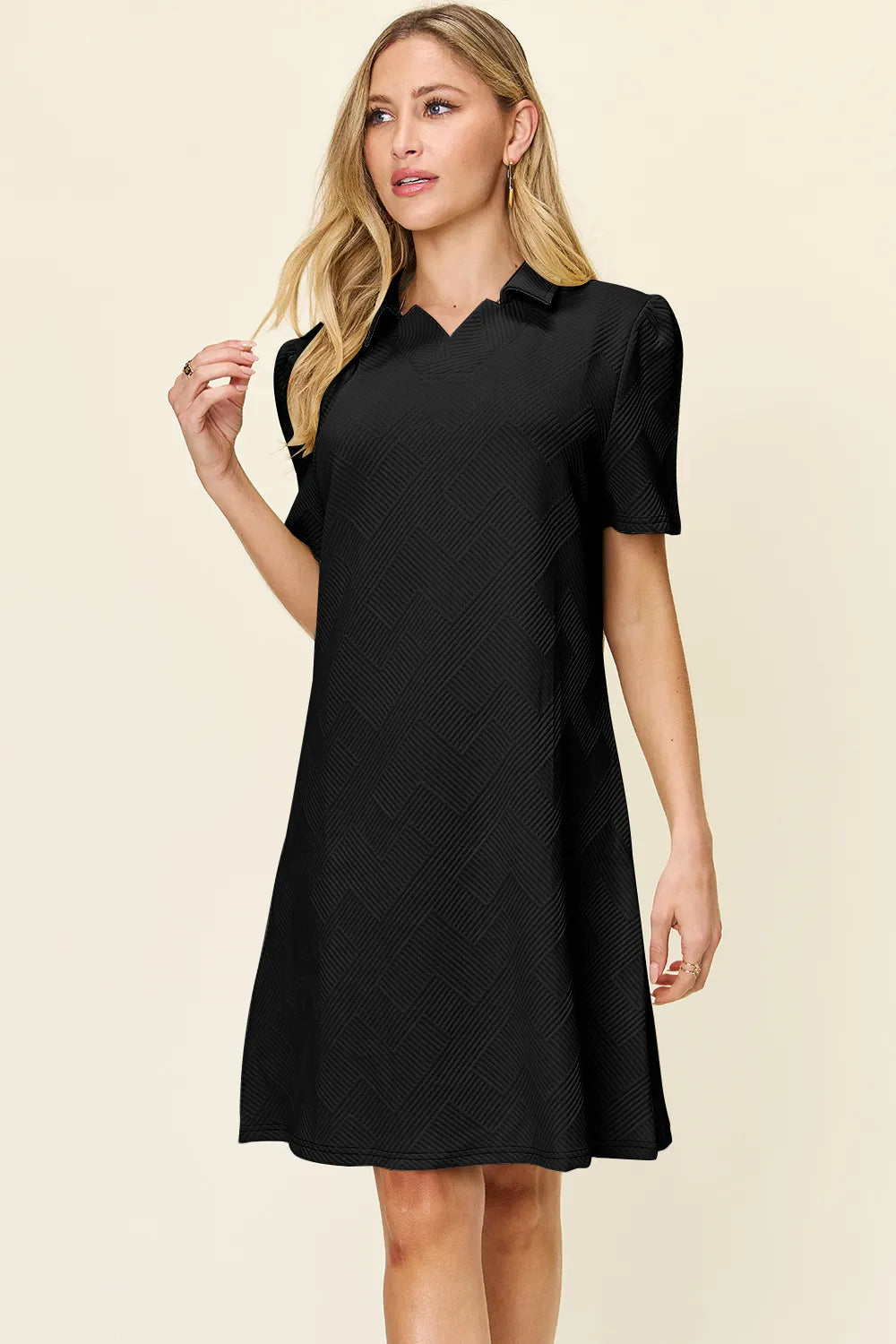 Short Sleeve Black Dress, Textured Collared Neck - In Style Chics Boutique Women's Juniors Plus Size Clothes 