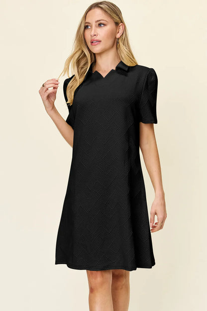 Short Sleeve Black Dress, Textured Collared Neck - In Style Chics Boutique Women's Juniors Plus Size Clothes 