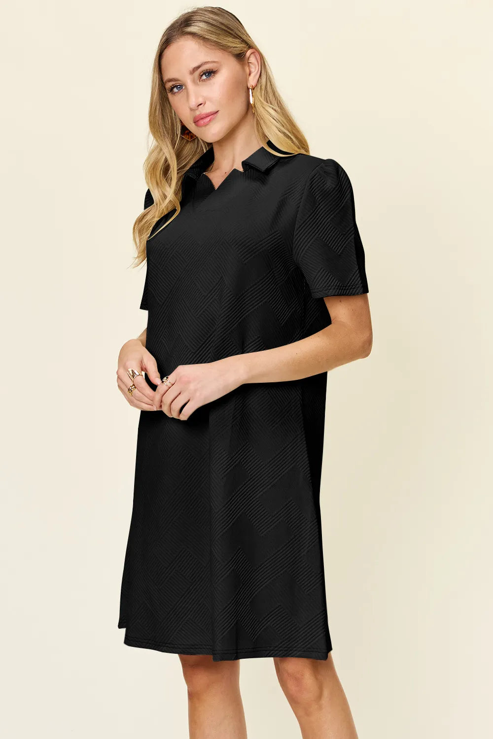Short Sleeve Black Dress, Textured Collared Neck - In Style Chics Boutique Women's Juniors Plus Size Clothes 