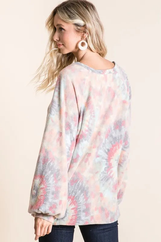 Brushed Tie Dye Print Top with Puff Sleeves at In Style Chics Boutique Fall 2025 Women's Fashion 