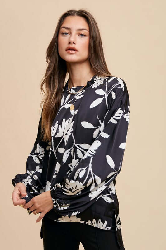 Annie Wear Frill Printed Balloon Sleeve Blouse - In Style Chics Boutique LLC