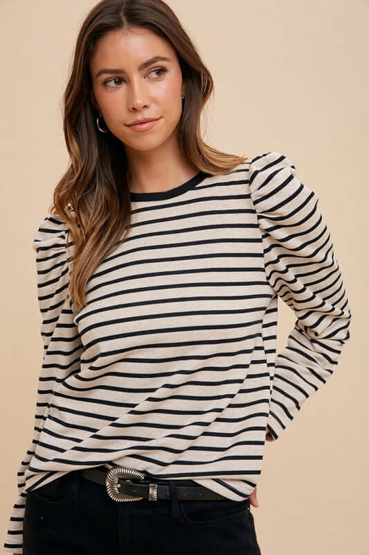 Annie Wear Striped Round Neck Puff Sleeve French Terry Top - In Style Chics Boutique LLC