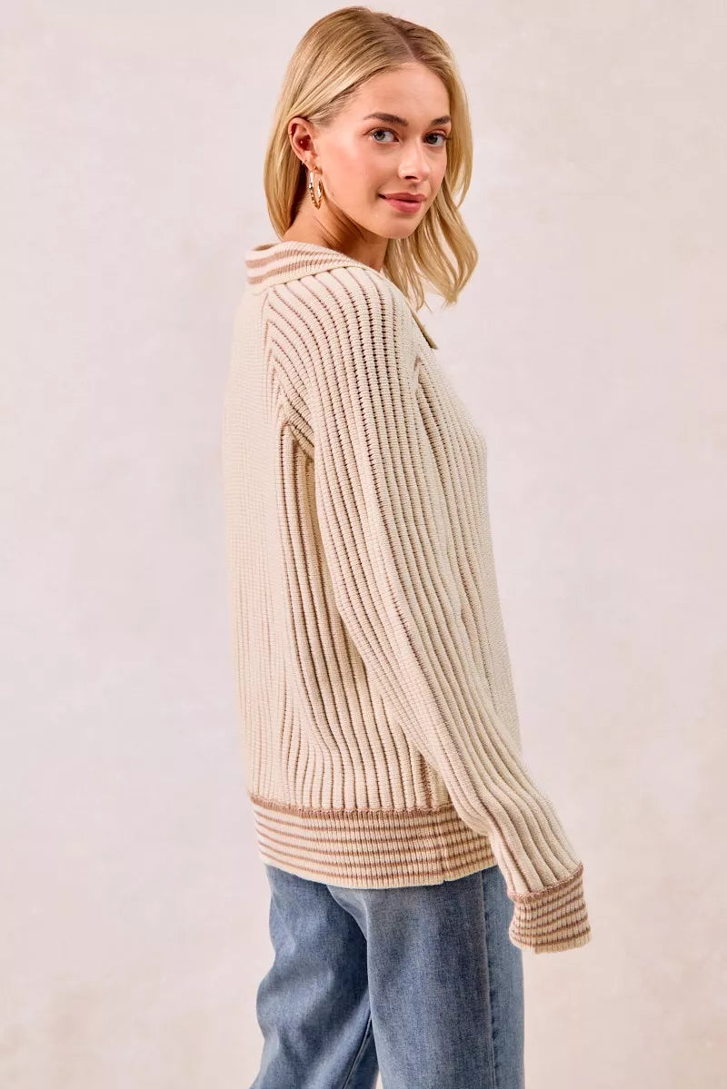 Half Button Ribbed Two Tone Sweater at In Style Chics Boutique 