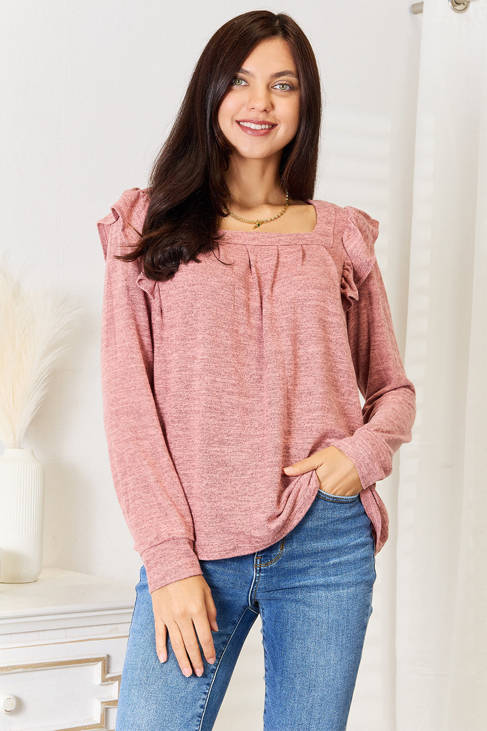 Square Neck Ruffle Shoulder Long Sleeve T-Shirt Shop Deals at In Style Chics Boutique 