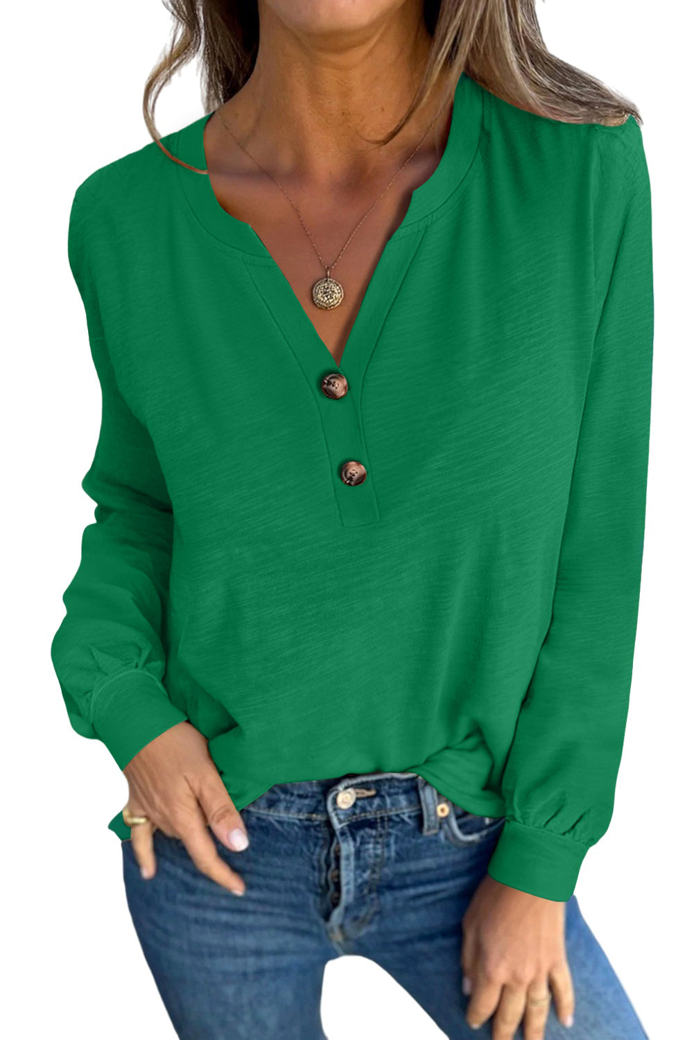 Shop this cute Green Casual Button V Neck Long Sleeve T-Shirt at In Style Chics Boutique 