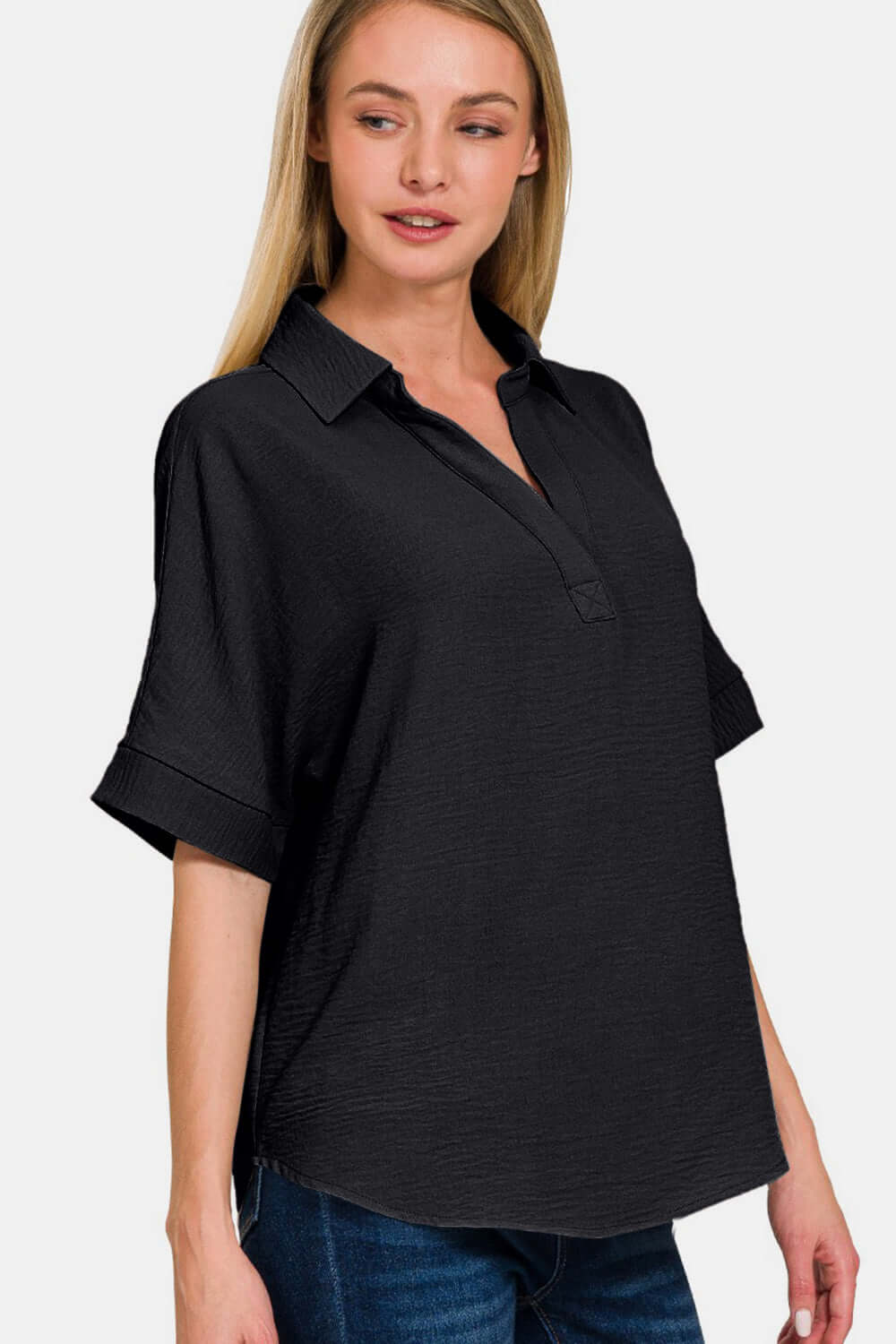 Textured Collared Neck Short Sleeve Black Top - In Style Chics Boutique Women's Juniors Plus Size Apparel Online