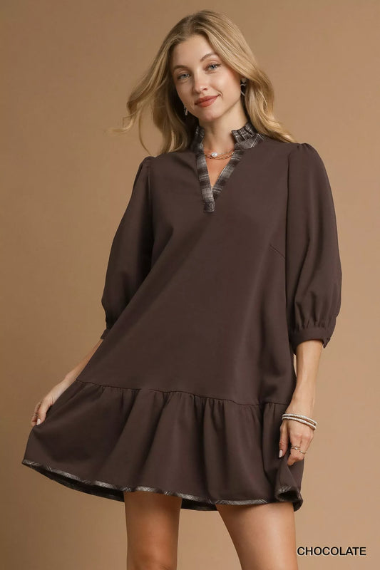 French Terry Ruffle Hem Dress with Plaid Trim at In Style Chics Boutique Fall Fashion Must Haves