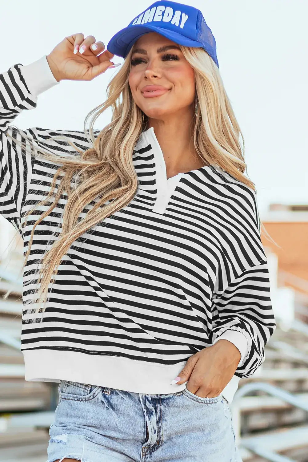 Striped Dropped Shoulder Long Sleeve Sweatshirt - In Style Chics Boutique LLC