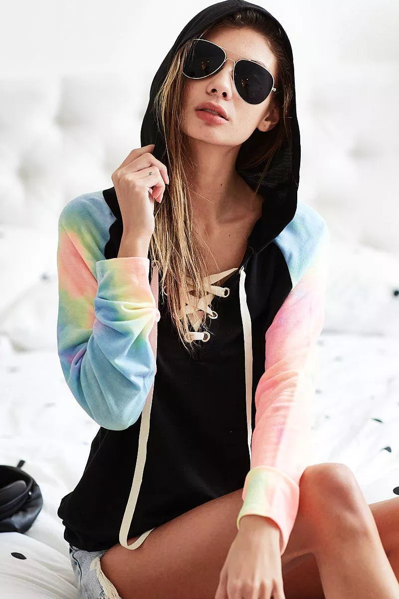 French Terry Lace Up Hoodie With Tie Dye Sleeves at In Style Chics Boutique 
