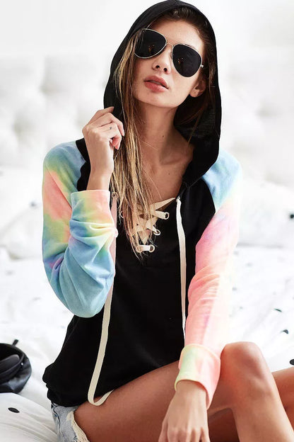 French Terry Lace Up Hoodie With Tie Dye Sleeves at In Style Chics Boutique 