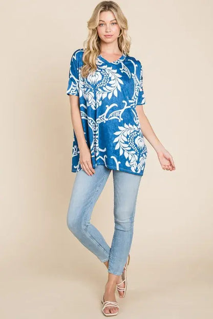 Printed Relaxed V-Neck Tunic Top