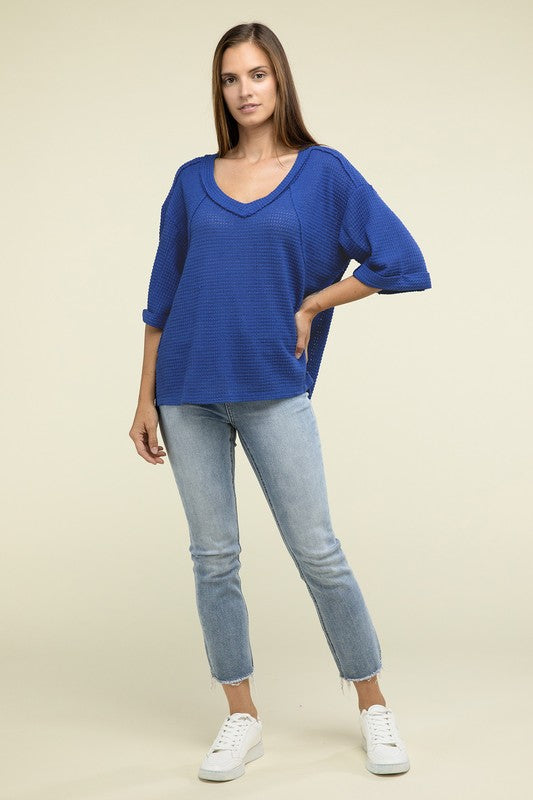 Brushed Waffle Exposed-Seam 3/4 Sleeve Top - In Style Chics Boutique LLC