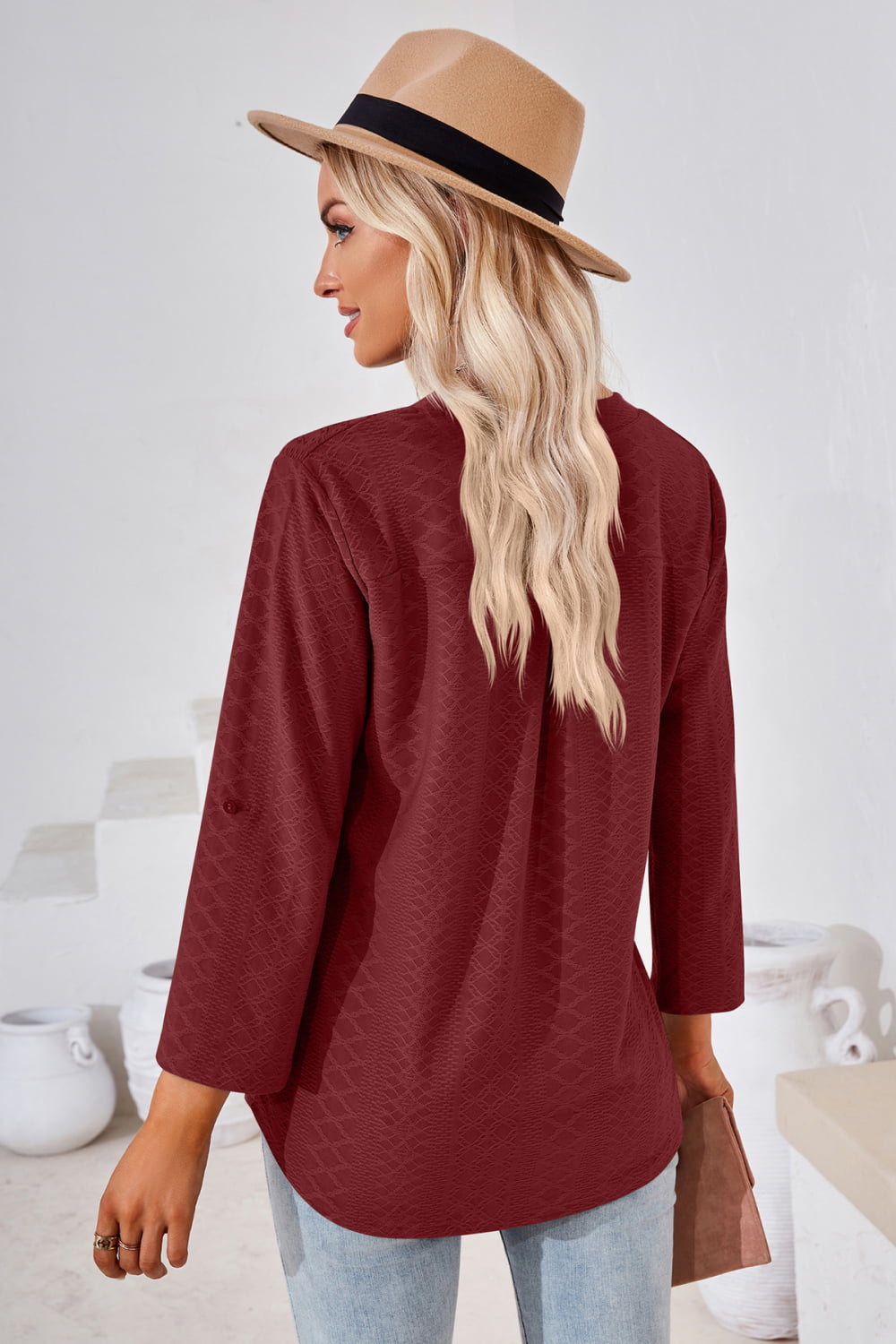 V-Neck Roll-Tap Sleeve Blouse - In Style Chics Boutique LLC