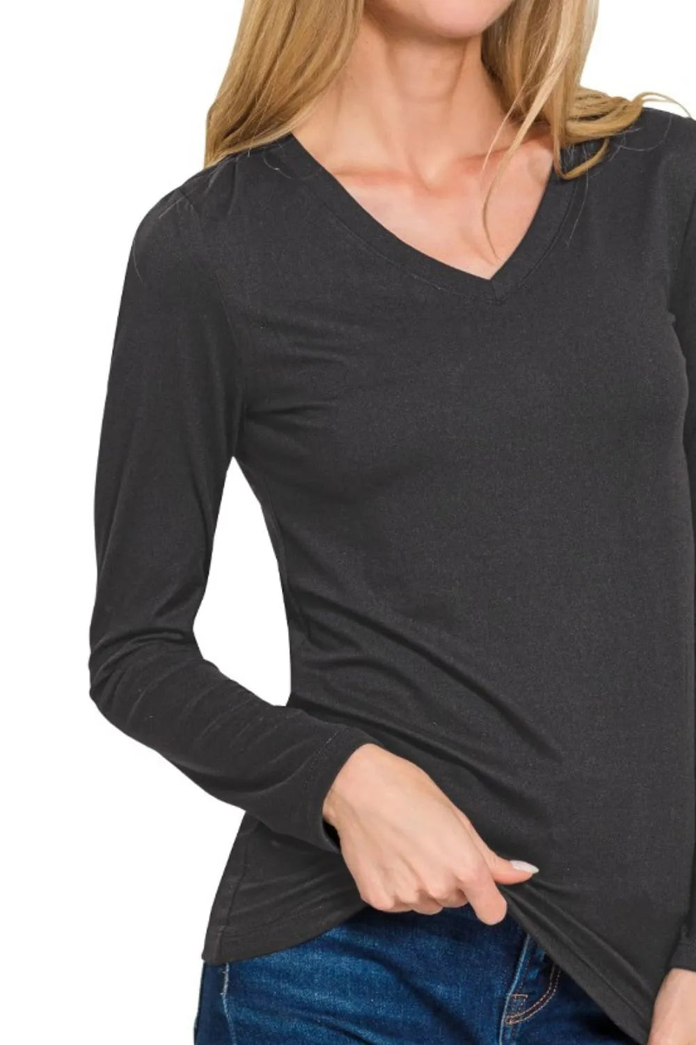 Long Sleeve V-neck Black Tee, Brushed Microfiber, In Style Chics Boutique 
