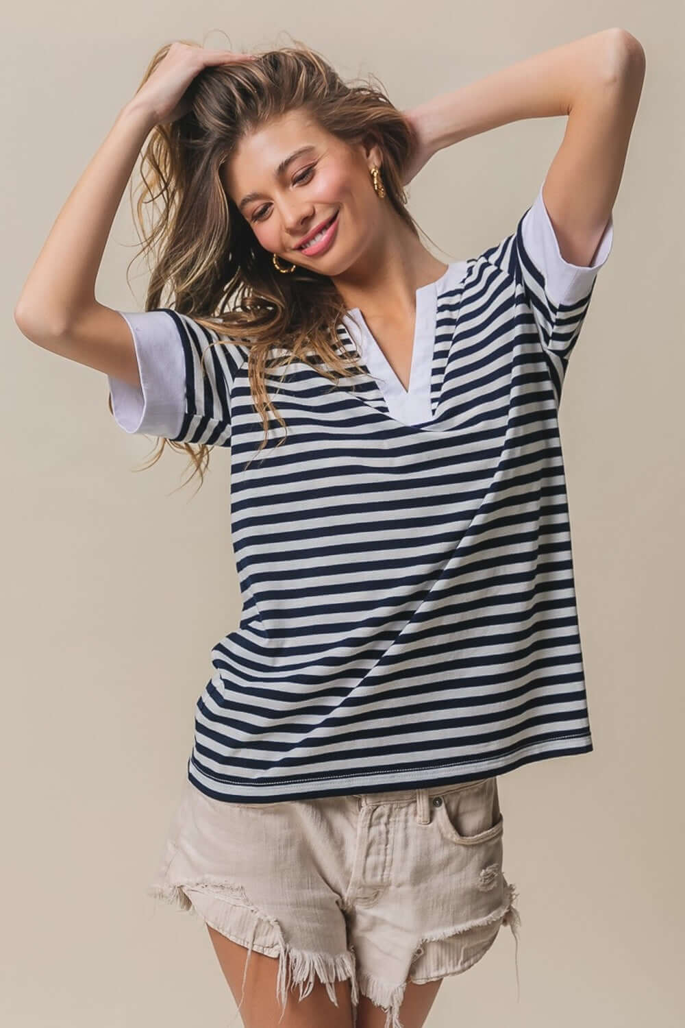 BiBi Contrast Striped Notched Knit Top - In Style Chics Boutique Women's Juniors Apparel Online 