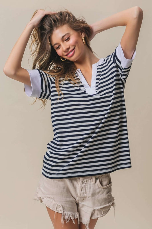BiBi Contrast Striped Notched Knit Top - In Style Chics Boutique Women's Juniors Apparel Online 