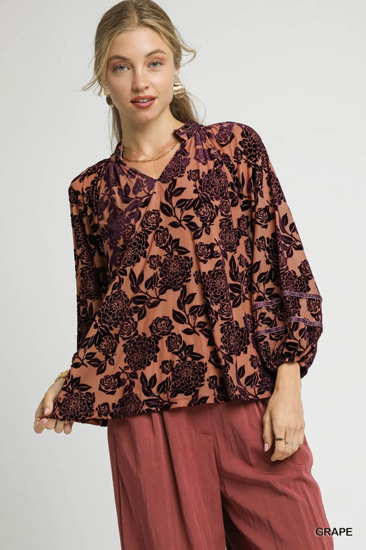 Floral Velvet Blouse with Balloon Sleeves at In Style Chics Boutique 